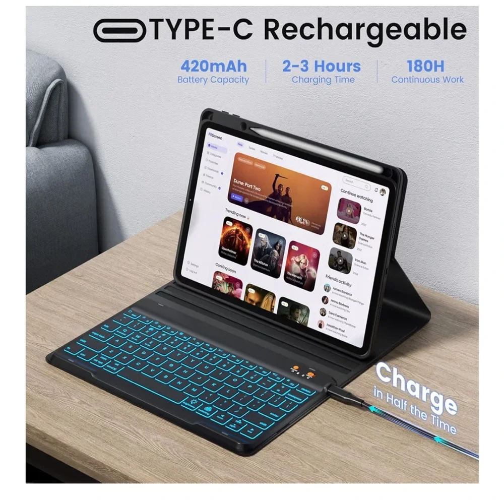 iPad Air 11” Folio Cover Keyboard Case 7-Color Backlit Pencil Holder Detachable